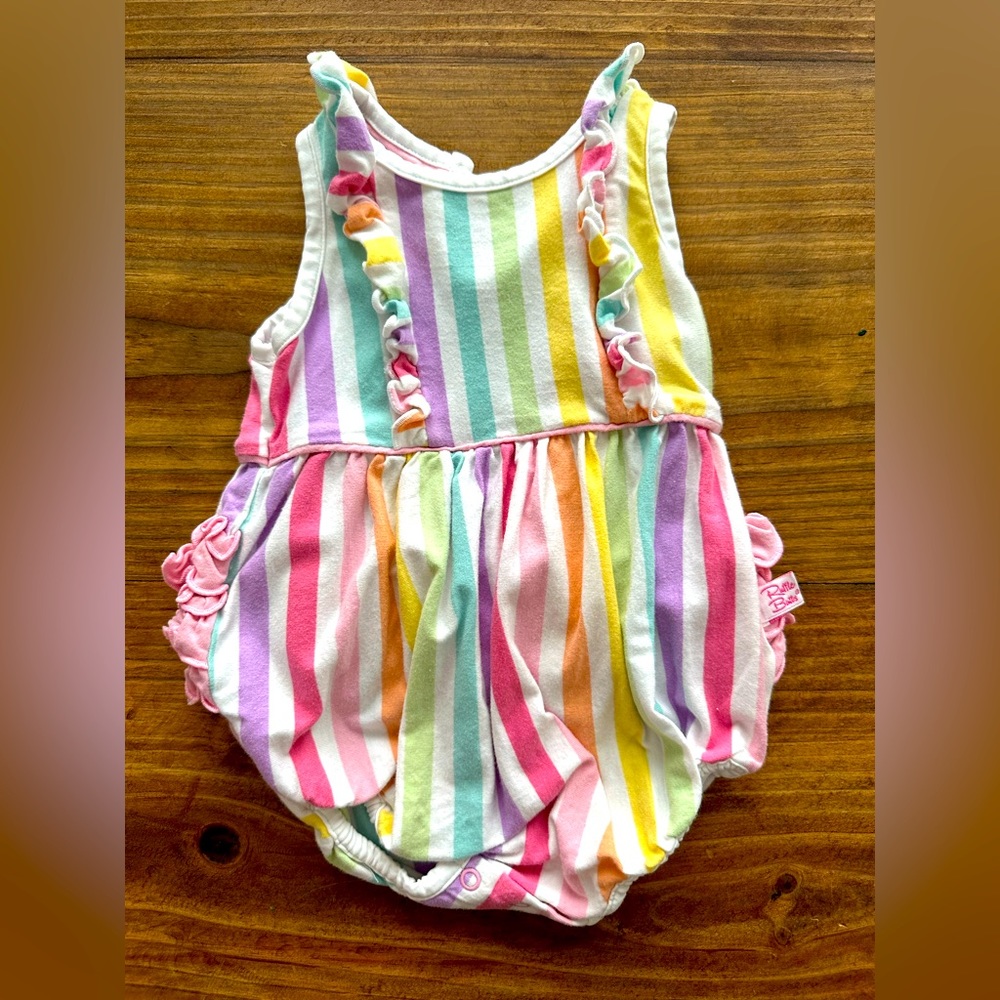 Ruffle Butts, Rainbow Stripe Ruffle Bubble Romper SZ 3-6 M